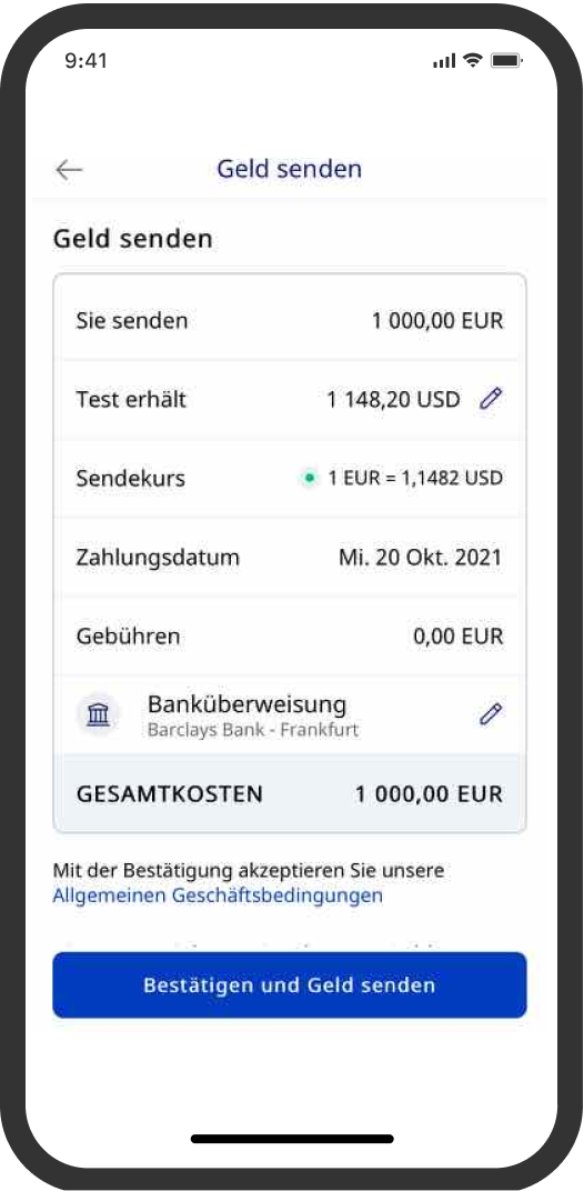 Bild der Seite zur Überweisungsbestätigung mit aktualisiertem Sendekurs