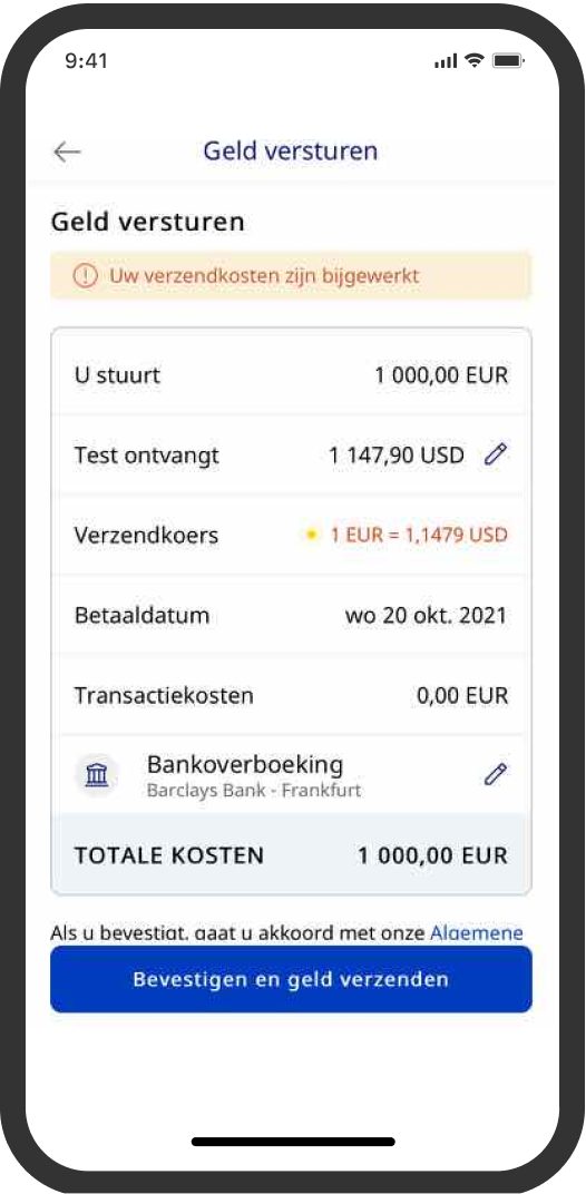 Afbeelding met het controlescherm voor de overboeking, met de bijgewerkte verzendkoers