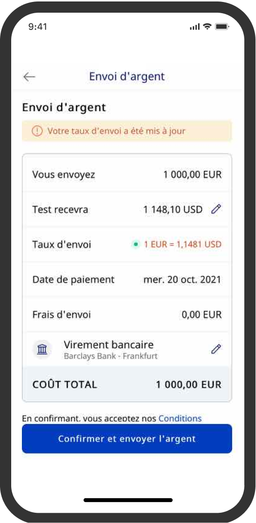 Image montrant l'écran de vérification du transfert avec le taux d'envoi mis à jour