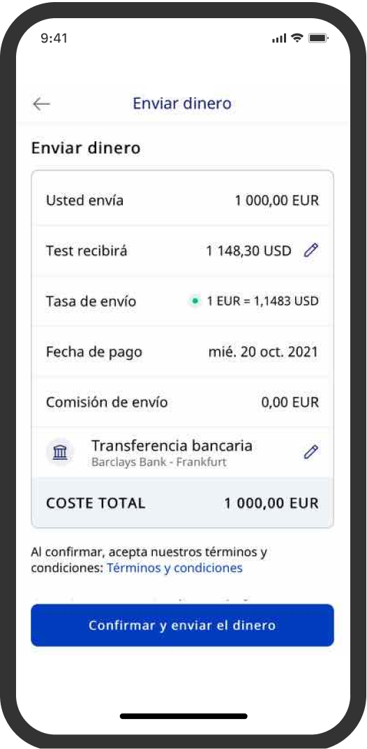 Imagen que muestra la pantalla Revisar transferencia con la tasa de envío actualizada